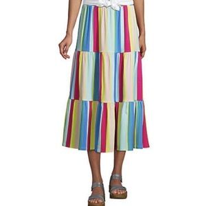 Land's End Striped Rainbow Multi-Color Tiered Midi Pull On Skirt Women Size L